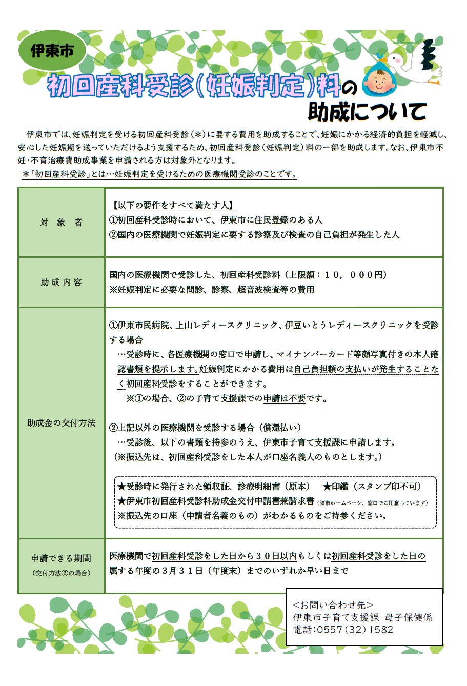 初回産科受診(妊娠判定)料の助成をします