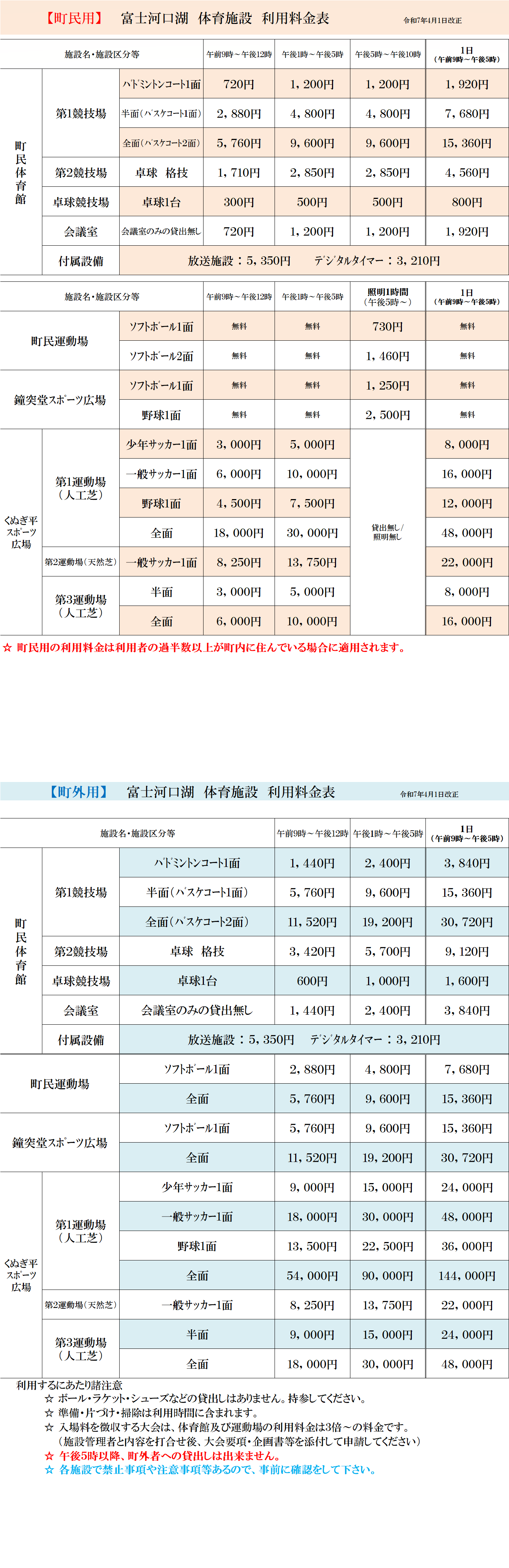 富士河口湖町体育施設使用料金表 生涯学習課 富士河口湖町の体育施設の料金表